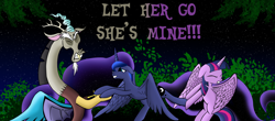 Size: 10437x4577 | Tagged: safe, artist:miragepotato, character:discord, character:princess luna, character:twilight sparkle, character:twilight sparkle (alicorn), species:alicorn, species:pony, ship:lunacord, ship:twiluna, absurd resolution, female, lesbian, male, shipping, shipping war, straight