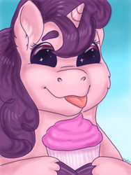 Size: 600x800 | Tagged: safe, artist:graffiti, character:sugar belle, blep, bust, cupcake, female, food, simple background, solo, tongue out