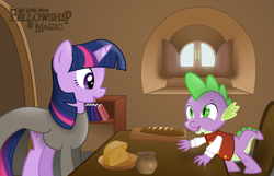 Size: 3035x1950 | Tagged: safe, artist:shadowdark3, character:spike, character:twilight sparkle, bilbo baggins, book, bread, cheese, clothing, fellowship is magic, gandalf, gandalf the grey, lord of the rings, parody, pot, vest