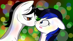 Size: 1920x1080 | Tagged: safe, artist:astroanimations, oc, oc only, oc:noire, species:pegasus, species:pony, abstract background, blushing, eye contact, female, floppy ears, hoof hold, kissing, kissy face, lidded eyes, looking at each other, male, mare, mistletoe, stallion, wide eyes