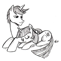 Size: 890x897 | Tagged: safe, artist:buckingawesomeart, character:comet tail, character:twilight sparkle, ship:cometlight, female, male, shipping, sleeping, smiling, straight