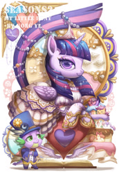 Size: 1024x1489 | Tagged: safe, artist:kongyi, character:apple bloom, character:scootaloo, character:spike, character:sweetie belle, character:twilight sparkle, character:twilight sparkle (alicorn), species:alicorn, species:pony, blob, cake, clothing, cutie mark crusaders, dress, food, hat, heart, suit
