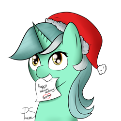 Size: 4000x4000 | Tagged: safe, artist:lyres-art, character:lyra heartstrings, species:pony, species:unicorn, bust, clothing, female, grin, happy hearth's warming, hat, mouth hold, note, portrait, santa hat, simple background, smiling, solo, transparent background