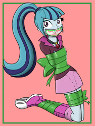 Size: 1600x2133 | Tagged: safe, artist:nivek15, character:sonata dusk, my little pony:equestria girls, arm behind back, bondage, boots, christmas, clothing, converse, cute, female, gag, gift wrapped, hands behind back, kneeling, ponytail, ribbon, shoes, skirt, socks, solo, tape gag, tied up