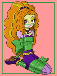 Size: 1600x2133 | Tagged: safe, artist:nivek15, character:adagio dazzle, my little pony:equestria girls, arm behind back, bondage, clothing, female, gag, gift tag, gift wrapped, hands behind back, headband, knee tied, looking at you, raised eyebrow, sitting, solo, spikes, tape gag, wrapped up