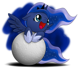 Size: 800x700 | Tagged: safe, artist:stardustxiii, character:princess luna, species:alicorn, species:pony, female, filly, floppy ears, foal, happy, moon, solo, tangible heavenly object