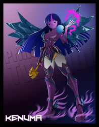 Size: 1817x2313 | Tagged: safe, artist:kenuma, character:spike, character:twilight sparkle, my little pony:equestria girls, armor, crystal wings, female, glowing hands, magic, saint seiya, scepter, solo, twilight scepter