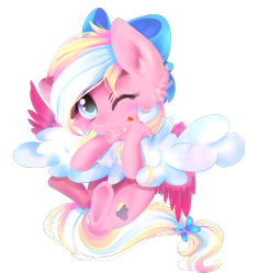 Size: 1600x1700 | Tagged: safe, artist:skajcia, oc, oc only, oc:bay breeze, species:pegasus, species:pony, bow, cloud, female, hair bow, mare, one eye closed, pegasus oc, simple background, solo, transparent background, wings, wink