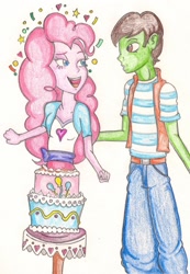 Size: 1068x1541 | Tagged: safe, artist:thegloriesbigj, character:pinkie pie, oc, oc:frost d. tart, my little pony:equestria girls, bedroom eyes, birthday cake, cake, equestria girls-ified, food, pinkie being pinkie, pinkie physics, pop out cake, traditional art