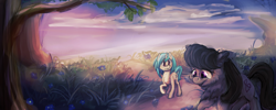 Size: 2200x880 | Tagged: safe, artist:cometakat, character:dj pon-3, character:octavia melody, character:vinyl scratch, ship:scratchtavia, female, forest, grass, lesbian, shipping