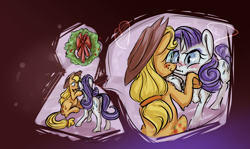 Size: 2932x1750 | Tagged: safe, artist:cometakat, character:applejack, character:rarity, ship:rarijack, female, holly, holly mistaken for mistletoe, lesbian, shipping