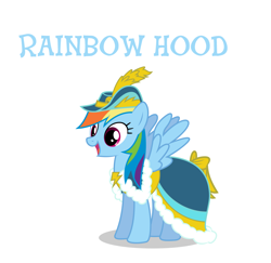 Size: 3024x2944 | Tagged: safe, artist:canon-lb, edit, character:rainbow dash, species:pegasus, species:pony, caption, clothing, dress, female, hat, hooves, mare, open mouth, rainbow dash always dresses in style, robin hood, simple background, smiling, solo, spread wings, text, vector, white background, wings