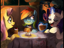 Size: 2000x1500 | Tagged: safe, artist:cuteskitty, character:fluttershy, character:rainbow dash, character:rarity, cake, candle, dinner, food, night, table