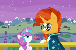Size: 600x396 | Tagged: safe, artist:mlpdarksparx, character:princess flurry heart, character:sunburst, balcony, crystal empire, duo, eye contact, knowing, looking at each other, mountain, mountain range, night, night sky, smiling, stars, uncle sunburst