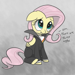 Size: 700x700 | Tagged: safe, artist:spicyhamsandwich, character:flutterbat, character:fluttershy, blushing, clothing, count von count, cute, fangs, female, floppy ears, hilarious in hindsight, sesame street, shyabetes, sitting, smiling, solo, vampire, weapons-grade cute