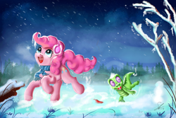 Size: 3000x2000 | Tagged: safe, artist:shogundun, character:gummy, character:pinkie pie, species:earth pony, species:pony, alligator, clothing, log, looking up, night, open mouth, scarf, scenery, signature, snow, tree