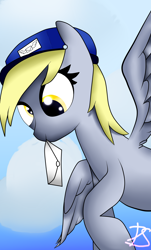 Size: 2200x3640 | Tagged: safe, artist:lyres-art, character:derpy hooves, species:pegasus, species:pony, clothing, female, hat, letter, mail, mailmare, mailmare hat, mouth hold, solo
