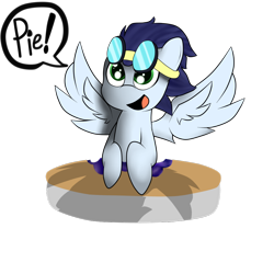 Size: 1024x1024 | Tagged: dead source, safe, artist:lyres-art, character:soarin', species:pegasus, species:pony, bust, dialogue, food, goggles, male, pie, simple background, smiling, solo, speech bubble, that pony sure does love pies, white background