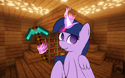 Size: 1680x1050 | Tagged: safe, artist:lyres-art, character:twilight sparkle, character:twilight sparkle (alicorn), species:alicorn, species:pony, colored pupils, crossover, diamond pickaxe, female, magic, mare, minecraft, pickaxe, smiling, solo, telekinesis