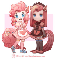 Size: 900x913 | Tagged: safe, artist:kongyi, character:pinkamena diane pie, character:pinkie pie, species:anthro, ambiguous facial structure, candy, chibi, clothing, dress, duality, food, knife, lolita fashion, lollipop