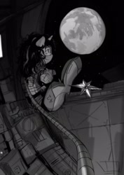 Size: 1133x1600 | Tagged: safe, artist:asianpony, oc, oc only, black and white, floating, grayscale, monochrome, moon, my little brony risovach, solo, space, space station, space suit