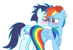 Size: 3000x2089 | Tagged: safe, artist:linormusicbeatpone, character:rainbow dash, character:soarin', species:pony, ship:soarindash, blushing, flower, kiss on the cheek, kissing, male, rose, shipping, straight