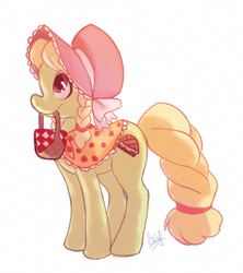 Size: 500x562 | Tagged: safe, artist:rollingrabbit, character:granny smith, species:earth pony, species:pony, episode:family appreciation day, g4, my little pony: friendship is magic, adorasmith, basket, bonnet, braid, braided tail, cute, female, mare, mouth hold, pigtails, profile, simple background, solo, white background, young granny smith, younger