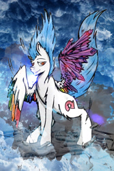 Size: 1080x1620 | Tagged: safe, artist:pepperscratch, oc, oc only, oc:crystal atmosphere, species:pegasus, species:pony, colored wings, crystal wings, male, multicolored wings, ocean, rock, solo, stallion