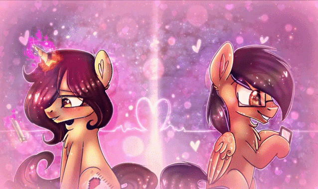 Size: 638x380 | Tagged: safe, artist:starchasesketches, oc, oc only, oc:boris, oc:melany, species:pegasus, species:pony, species:unicorn, animated, blushing, bokeh, cellphone, effects, gif, heart, love, phone, smiling