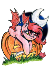 Size: 720x1000 | Tagged: safe, artist:pepperscratch, oc, oc only, oc:spicy, species:bat pony, species:pony, bat pony oc, female, jack-o-lantern, mare, moon, pumpkin, simple background, solo, traditional art, transparent background