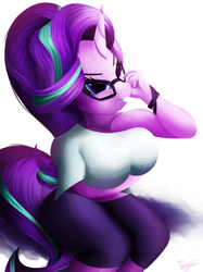 Size: 1250x1667 | Tagged: safe, artist:tyzain, character:starlight glimmer, species:anthro, belly button, breasts, busty starlight glimmer, clothing, female, glasses, looking at you, midriff, short shirt, simple background, smiling, solo