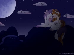 Size: 2048x1536 | Tagged: safe, artist:mentalphase, oc, oc only, species:pegasus, species:pony, species:unicorn, eyes closed, moon, mountain, nuzzling, oc x oc, prone, shipping