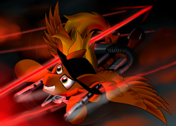 Size: 4200x3000 | Tagged: safe, artist:raptorpwn3, oc, oc only, oc:calamity, species:pegasus, species:pony, fallout equestria, absurd resolution, battle saddle, clothing, dashite, dodge, fanfic, fanfic art, fire, flying, gau-16, gun, hat, hooves, laser, male, night, rage, rifle, solo, spread wings, stallion, teeth, weapon, wings