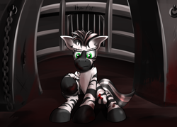 Size: 4200x3000 | Tagged: safe, artist:raptorpwn3, oc, oc only, oc:xenith, species:pony, species:zebra, fallout equestria, absurd resolution, arena, blood, fanfic, fanfic art, female, mare, solo, thepit
