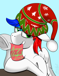 Size: 3300x4200 | Tagged: safe, artist:raptorpwn3, oc, oc only, oc:pedals, species:pegasus, species:pony, absurd resolution, beanie, christmas, clothing, greetings, hat, solo