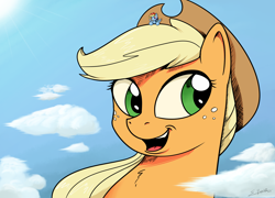Size: 2500x1800 | Tagged: safe, artist:silverhopexiii, character:applejack, character:rainbow dash, species:pony, big-apple-pony, clothing, cloud, cowboy hat, cute, duo, freckles, giant pony, hat, jackabetes, macro, micro, open mouth, sky, stetson