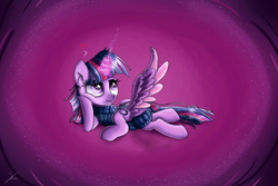 Size: 3000x2000 | Tagged: safe, artist:shogundun, character:twilight sparkle, character:twilight sparkle (alicorn), species:alicorn, species:pony, backless, clothing, female, glowing horn, open-back sweater, prone, sleeveless sweater, solo, sweater, unamused, virgin killer sweater