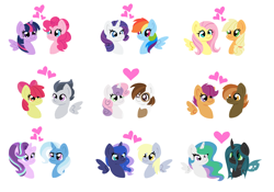 Size: 6520x4576 | Tagged: safe, artist:mississippikite, character:apple bloom, character:applejack, character:button mash, character:derpy hooves, character:fluttershy, character:pinkie pie, character:pipsqueak, character:princess celestia, character:princess luna, character:queen chrysalis, character:rainbow dash, character:rarity, character:rumble, character:scootaloo, character:starlight glimmer, character:sweetie belle, character:trixie, character:twilight sparkle, character:twilight sparkle (alicorn), species:alicorn, species:changeling, species:earth pony, species:pegasus, species:pony, species:unicorn, ship:appleshy, ship:chryslestia, ship:lunaderp, ship:raridash, ship:startrix, ship:sweetiesqueak, ship:twinkie, absurd resolution, female, lesbian, male, mane six, rumbloom, scootamash, shipping, simple background, straight, white background