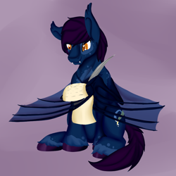 Size: 900x900 | Tagged: safe, artist:bevendre, oc, oc only, oc:midnight oil, species:bat pony, species:pony, bat pony oc, quill, solo, wing hands