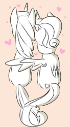 Size: 1525x2793 | Tagged: safe, artist:php54, character:princess cadance, character:shining armor, species:alicorn, species:pony, species:unicorn, ship:shiningcadance, bow, female, hair bow, heart, hug, intertwined tails, male, nuzzling, rear view, shipping, simple background, sitting, straight, tail, tail bow, teen princess cadance, winghug, younger