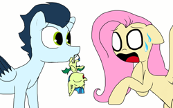Size: 1024x640 | Tagged: safe, artist:doodletheexpoodle, character:fluttershy, character:soarin', oc, oc:whistle tune, parent:fluttershy, parent:soarin', parents:soarinshy, species:bat pony, species:pegasus, species:pony, female, male, mouth hold, next generation, offspring, shipping, simple background, soarinshy, straight, sweat, upside down, white background