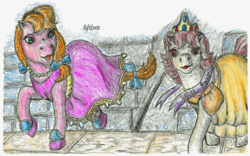 Size: 942x587 | Tagged: safe, artist:elfman83ml, episode:escape from catrina, g1, my little pony 'n friends, bow, clothing, crown, dress, jewelry, regalia, tail bow, traditional art
