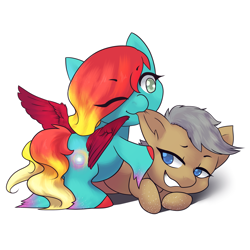 Size: 2449x2449 | Tagged: safe, artist:wynnchi, oc, oc only, oc:andromeda, oc:moon cake, species:earth pony, species:pegasus, species:pony, blue eyes, cute, duo, ear bite, female, gradient hair, hnnng, male, mare, nibbling, ocbetes, prone, simple background, stallion, white background