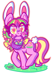 Size: 540x748 | Tagged: safe, artist:dolcisprinkles, g3, basket, bow, bunny ears, bunny tail, easter, easter egg, egg, eyestrain warning, female, heart eyes, mouth hold, simple background, solo, sunshine parade, transparent background, wingding eyes