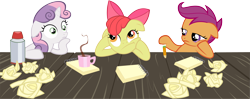 Size: 8845x3502 | Tagged: safe, artist:flizzick, character:apple bloom, character:scootaloo, character:sweetie belle, episode:ponyville confidential, g4, my little pony: friendship is magic, absurd resolution, bored, chocolate, cutie mark crusaders, exploitable meme, food, hot chocolate, image macro, meme, notepad, obligatory pony, simple background, sudden clarity sweetie belle, thermos, thinking, thinking bloom, transparent background