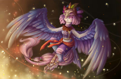 Size: 2000x1300 | Tagged: safe, artist:alina-sherl, oc, oc only, armor, breastplate, chest protector, clothing, feather, harpy, headdress, monster pony, original species, scar, skull, solo