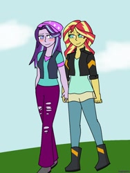 Size: 960x1280 | Tagged: safe, artist:hayley566, character:starlight glimmer, character:sunset shimmer, ship:shimmerglimmer, my little pony:equestria girls, beanie, blushing, boots, clothing, female, hat, holding hands, jacket, leather jacket, lesbian, pants, shipping, shoes, torn clothes