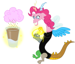 Size: 1275x1092 | Tagged: safe, artist:zimvader42, character:cranky doodle donkey, character:discord, character:fido, character:gummy, character:pinkie pie, species:diamond dog, species:donkey, species:draconequus, alligator, chocolate milk, chocolate rain, cotton candy, cotton candy cloud, crocodile, draconequified, food, glass, grin, hydra, magic, multiple heads, parasprite, pinkonequus, simple background, smiling, species swap, squee, transparent background, xk-class end-of-the-world scenario