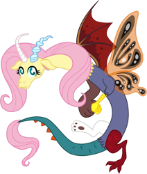 Size: 900x1061 | Tagged: safe, artist:zimvader42, character:fluttershy, species:cockatrice, species:draconequus, species:dragon, species:griffon, species:rabbit, bear, butterfly wings, chaos, draconequified, female, flutterequus, manticore, simple background, transparent background