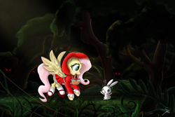 Size: 3000x2000 | Tagged: safe, artist:shogundun, character:angel bunny, character:fluttershy, basket, clothing, crossover, cute, duo, forest, glowing eyes, little red riding hood, mouth hold, shyabetes